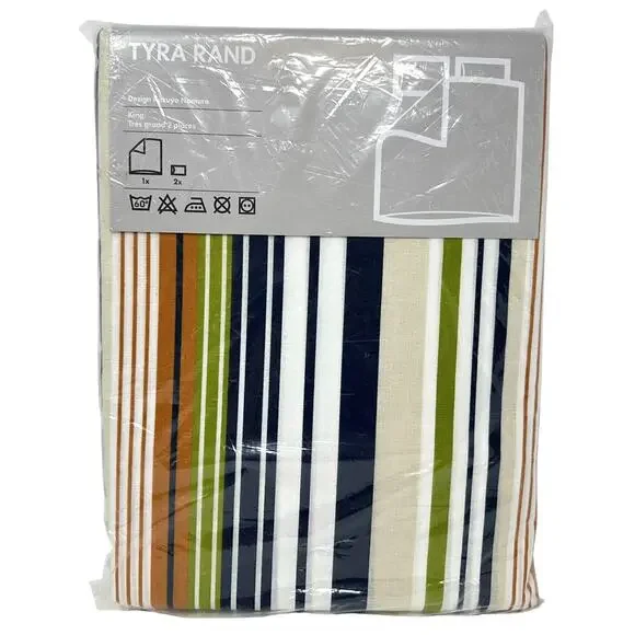 IKEA Tyra Rand King Duvet Cover + Pillowcases Striped 100% Cotton Maximalist New - Picture 1 of 11
